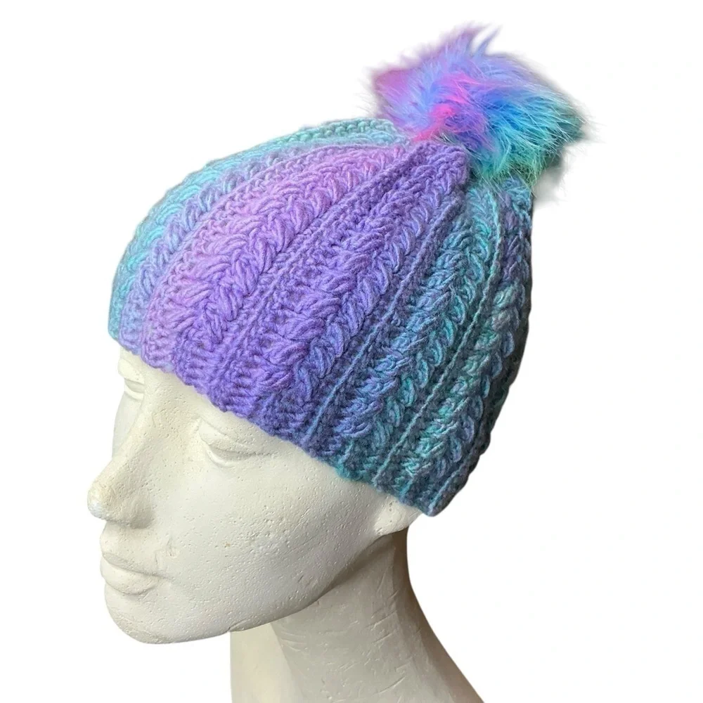 Handcrafted Crochet Winter Hat Blue Purple Snowy Wheat Knit Beanie with Pom Pom